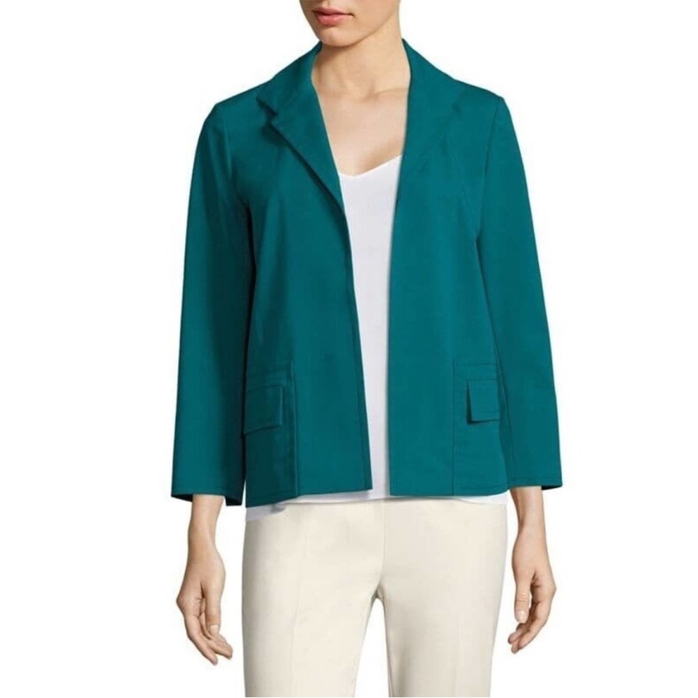 Lafayette 148 Benny Open Front Blazer Jacket Flap Pockets Tropic Teal Cotton M